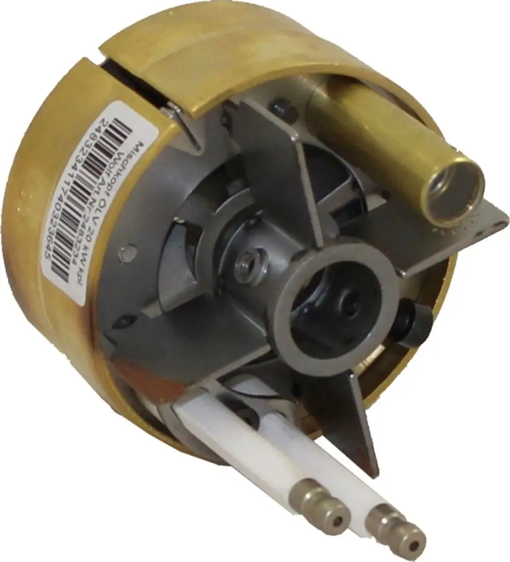 Mischkopf von Wolf, bestehend aus einer runden Gehäuseteile mit Anschlussleitungen und einem zentralen Mechanismus. Teile aus Metall und Kunststoff, kombiniert für eine funktionale Anwendung.